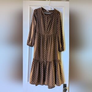 Cottagecore Brown and White Button Down Dress With Tiered Skirt